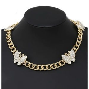 Rhinestone Butterfly Station Chunky chain Short Necklace